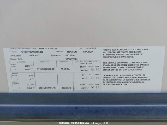 Продаж на аукціоні авто 2015 Forest River Forest River, vin: 5ZT2STPB7FG300452, номер лоту: 12690846