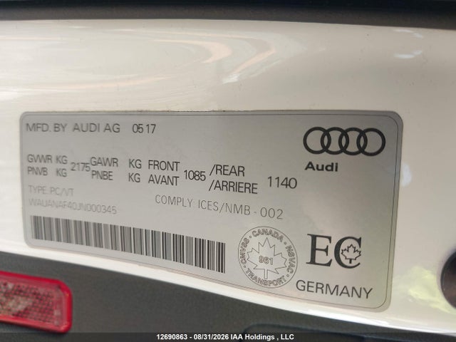Aukcja sprzedaży 2018 Audi A4 2.0t Komfort, vin: WAUANAF40JN000345, numer aukcji: 12690863