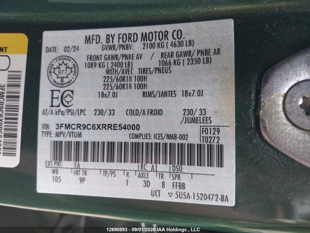 Aukcja sprzedaży 2024 Ford Bronco Sport Outer Banks, vin: 3FMCR9C6XRRE54000, numer aukcji: 12690893