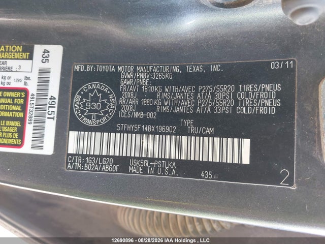 2011 Toyota Tundra Crewmax Limited მანქანა იყიდება აუქციონზე, vin: 5TFHY5F14BX196902, აუქციონის ნომერი: 12690896