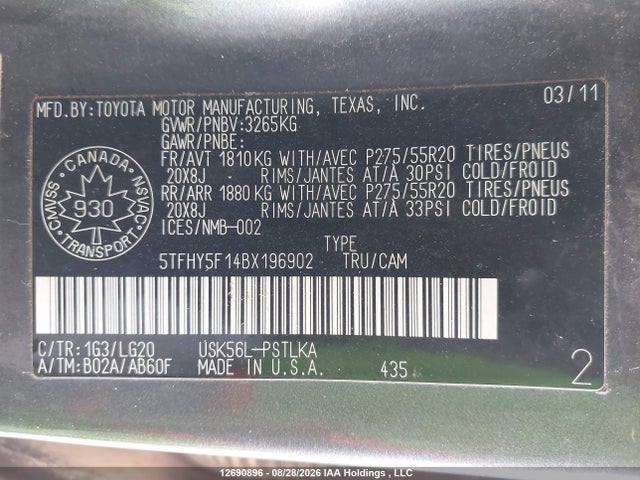 2011 Toyota Tundra Crewmax Limited მანქანა იყიდება აუქციონზე, vin: 5TFHY5F14BX196902, აუქციონის ნომერი: 12690896