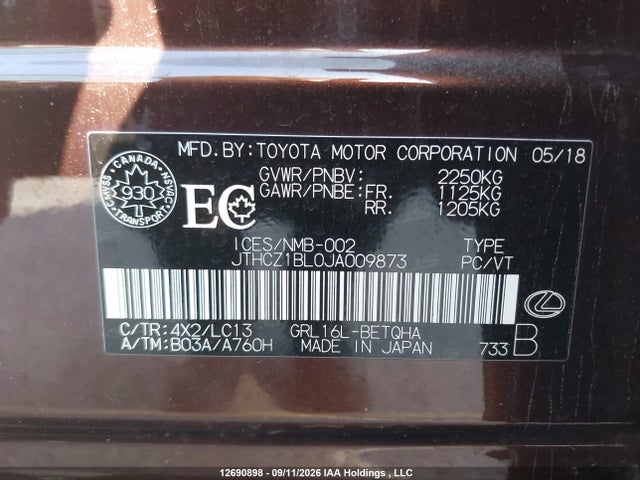 Aukcja sprzedaży 2018 Lexus Gs 350 Premium, vin: JTHCZ1BL0JA009873, numer aukcji: 12690898