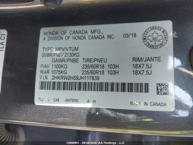 2HKRW2H59JH117839 Honda CR-V EX