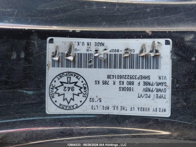 Aukcja sprzedaży 2002 Honda Civic Sir, vin: SHHEP33522U601438, numer aukcji: 12684333
