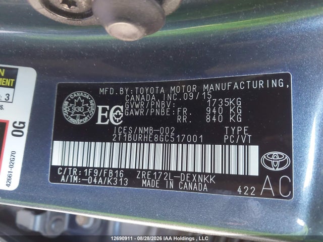 2T1BURHE8GC517001 Toyota Corolla L/le/le Pls/prm/s/s Pls