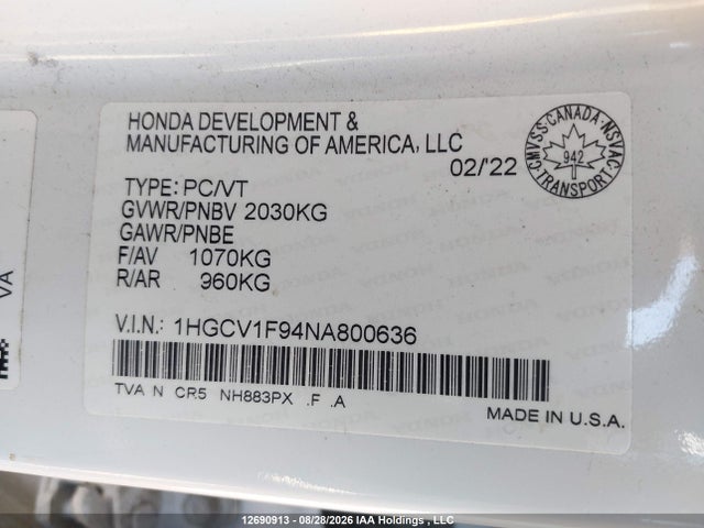 2022 Honda Accord Touring მანქანა იყიდება აუქციონზე, vin: 1HGCV1F94NA800636, აუქციონის ნომერი: 12690913
