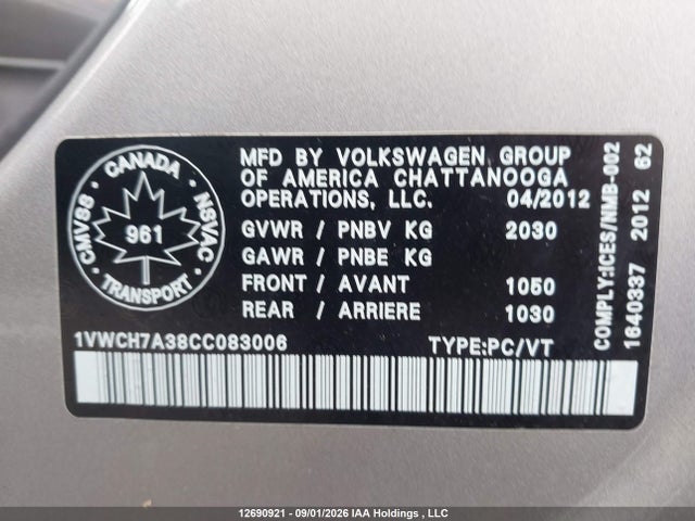 Продаж на аукціоні авто 2012 Volkswagen Passat Sel, vin: 1VWCH7A38CC083006, номер лоту: 12690921