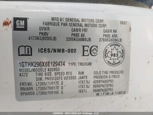 2008 Gmc Sierra K2500 Heavy Duty მანქანა იყიდება აუქციონზე, vin: 1GTHK296X8E129474, აუქციონის ნომერი: 12690930