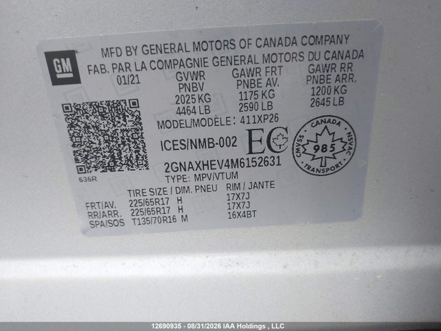 12690935 :رقم المزاد ، 2GNAXHEV4M6152631 vin ، 2021 Chevrolet Equinox Ls مزاد بيع