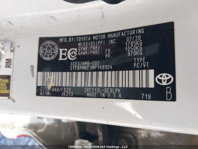 5YFBPMBE3MP148904 Toyota COROLLA LE