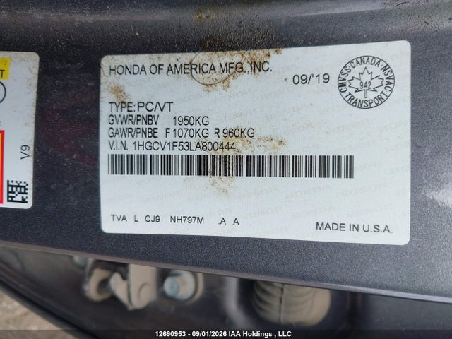 Aukcja sprzedaży 2020 Honda Accord Ex-l 1.5t, vin: 1HGCV1F53LA800444, numer aukcji: 12690953