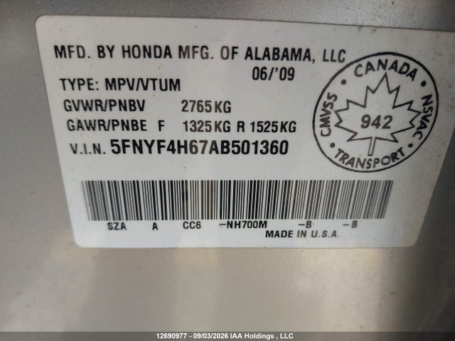 2010 Honda Pilot მანქანა იყიდება აუქციონზე, vin: 5FNYF4H67AB501360, აუქციონის ნომერი: 12690977