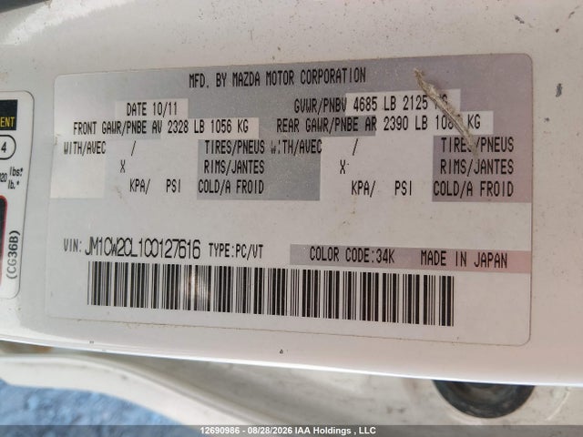 Aukcja sprzedaży 2012 Mazda 5, vin: JM1CW2CL1C0127616, numer aukcji: 12690986