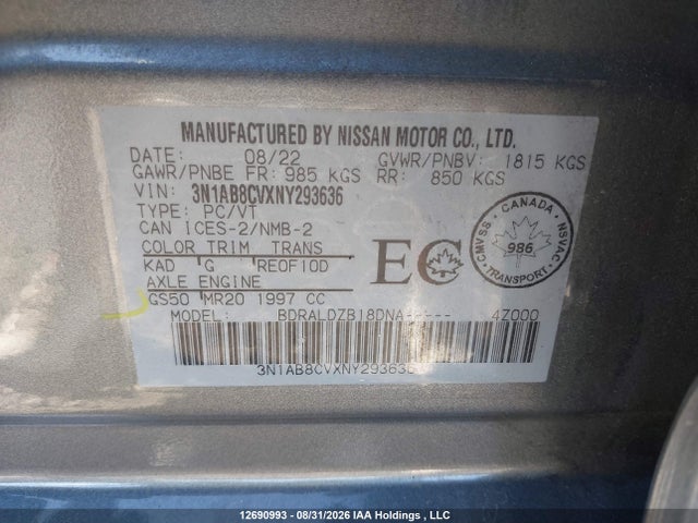 Nissan SENTRA SV 2022 3N1AB8CVXNY293636 Image 9
