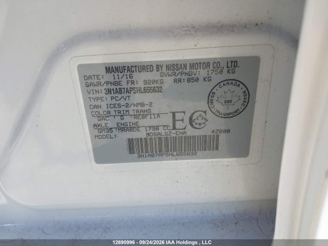 Продаж на аукціоні авто 2017 Nissan Sentra 1.8 S/1.8 Sl/1.8 Sv, vin: 3N1AB7AP5HL655632, номер лоту: 12690996