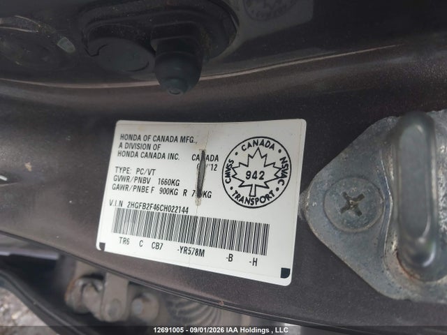 2012 Honda Civic Lx მანქანა იყიდება აუქციონზე, vin: 2HGFB2F46CH022144, აუქციონის ნომერი: 12691005