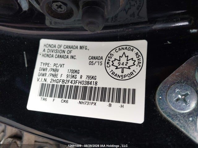 12691009 :رقم المزاد ، 2HGFB2F43FH038418 vin ، 2015 Honda Civic Lx مزاد بيع