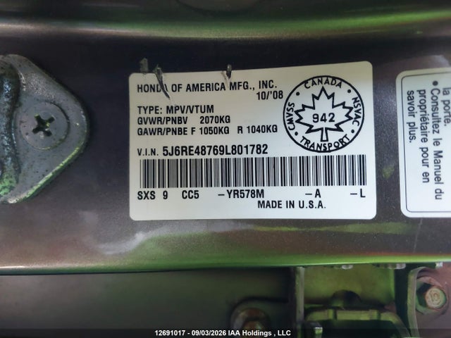 2009 Honda Cr-v Exl მანქანა იყიდება აუქციონზე, vin: 5J6RE48769L801782, აუქციონის ნომერი: 12691017