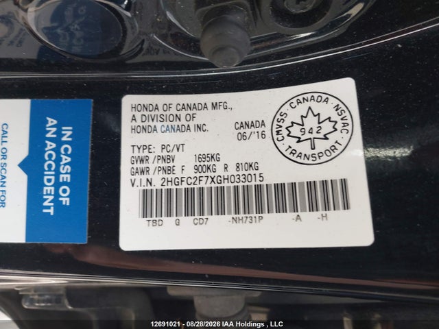 Aukcja sprzedaży 2016 Honda Civic Ex, vin: 2HGFC2F7XGH033015, numer aukcji: 12691021