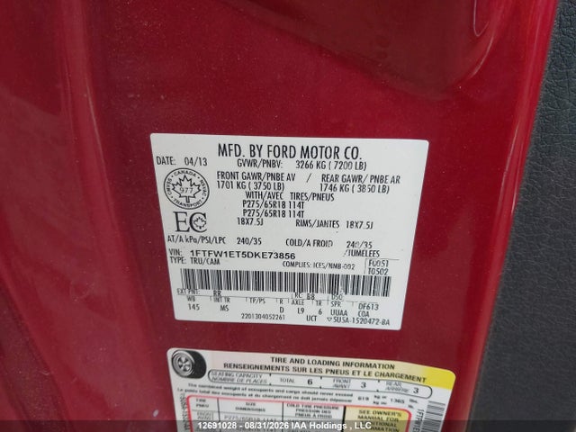 12691028 :رقم المزاد ، 1FTFW1ET5DKE73856 vin ، 2013 Ford F150 Supercrew مزاد بيع