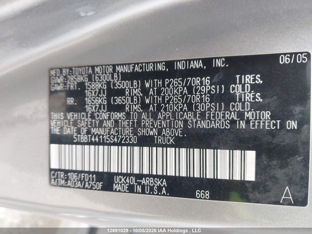 12691029 :رقم المزاد ، 5TBBT44115S472330 vin ، 2005 Toyota Tundra Sr5 V8 مزاد بيع