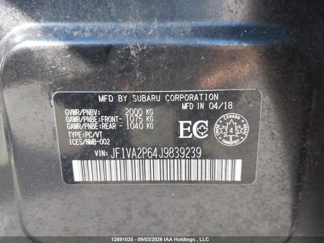 Aukcja sprzedaży 2018 Subaru Wrx Sti Sport, vin: JF1VA2P64J9839239, numer aukcji: 12691038