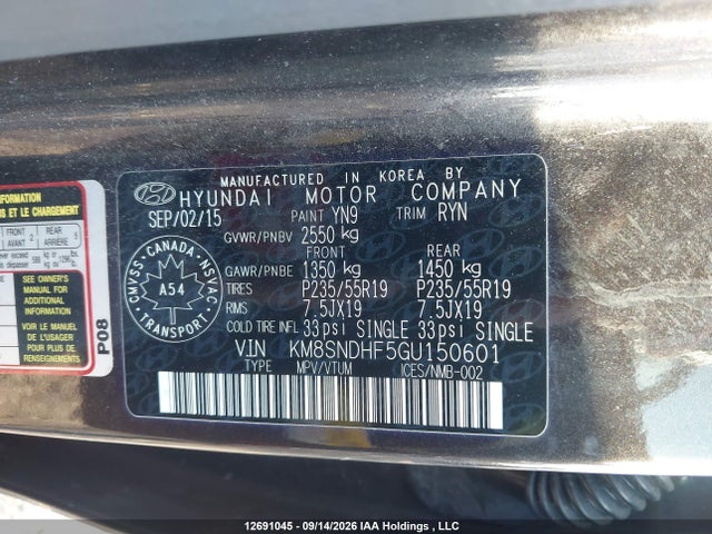 Продаж на аукціоні авто 2016 Hyundai Santa Fe Se/limited, vin: KM8SNDHF5GU150601, номер лоту: 12691045