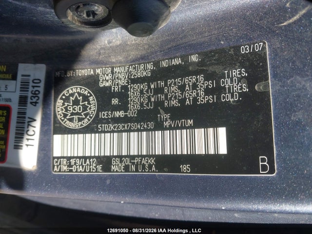 Aukcja sprzedaży 2007 Toyota Sienna Ce/le, vin: 5TDZK23CX7S042430, numer aukcji: 12691050