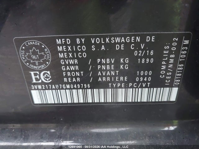 2016 Volkswagen Golf S/se/sel მანქანა იყიდება აუქციონზე, vin: 3VW217AU7GM049796, აუქციონის ნომერი: 12691065