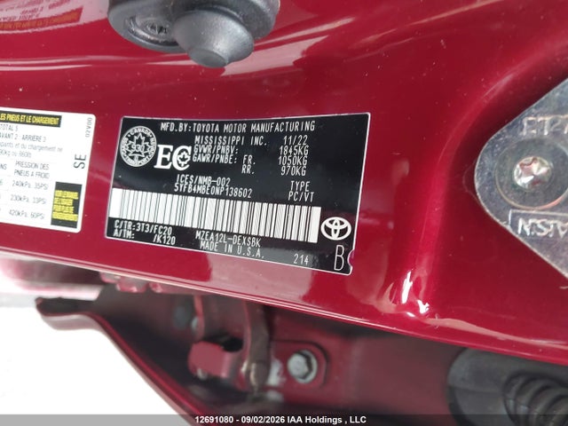 5YFB4MBE0NP138602 Toyota COROLLA SE