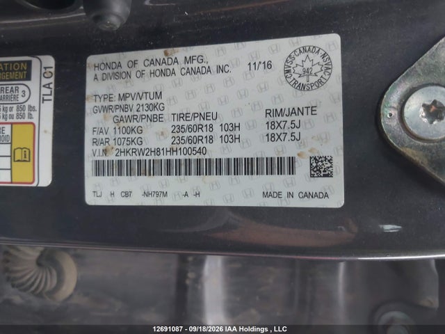 12691087 :رقم المزاد ، 2HKRW2H81HH100540 vin ، 2017 Honda Cr-v Ex-l مزاد بيع