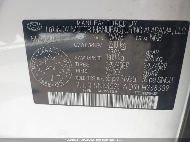 Aukcja sprzedaży 2020 Hyundai Santa Fe Se, vin: 5NMS2CAD9LH238309, numer aukcji: 12691094