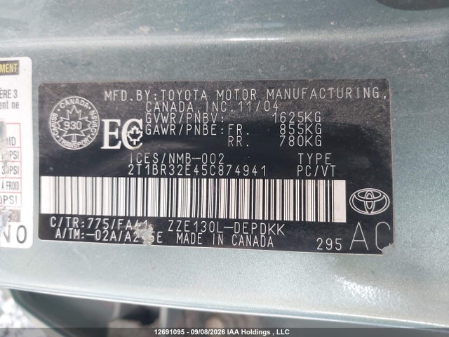 Продажа на аукционе авто 2005 Toyota Corolla, vin: 2T1BR32E45C874941, номер лота: 12691095