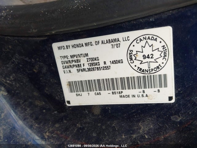 Продажа на аукционе авто 2007 Honda Odyssey Lx, vin: 5FNRL38287B512557, номер лота: 12691098