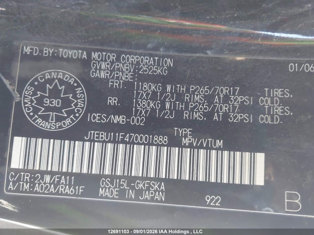 Aukcja sprzedaży 2007 Toyota Fj Cruiser, vin: JTEBU11F470001888, numer aukcji: 12691103