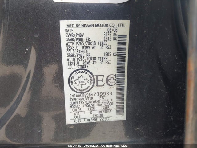2006 Nissan Armada Le მანქანა იყიდება აუქციონზე, vin: 5N1AA08B96N739933, აუქციონის ნომერი: 12691115