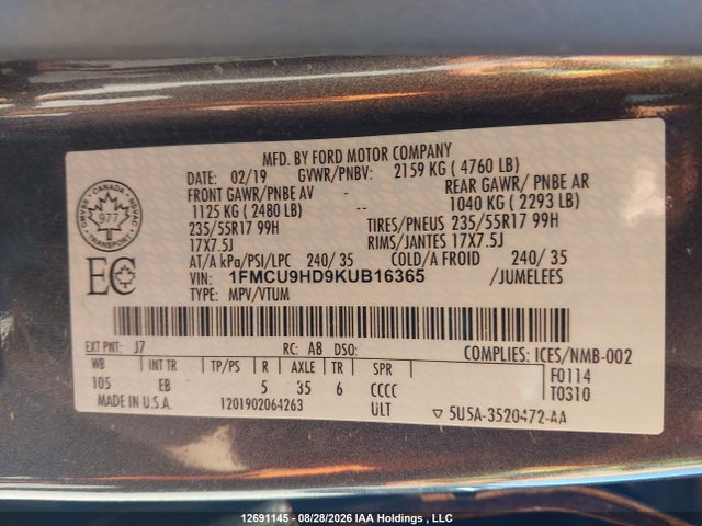 2019 Ford Escape Sel მანქანა იყიდება აუქციონზე, vin: 1FMCU9HD9KUB16365, აუქციონის ნომერი: 12691145