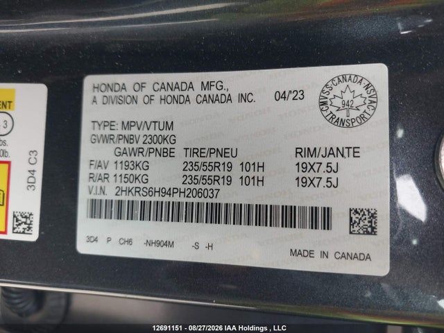 2HKRS6H94PH206037 Honda Cr-v Touring Hybrid