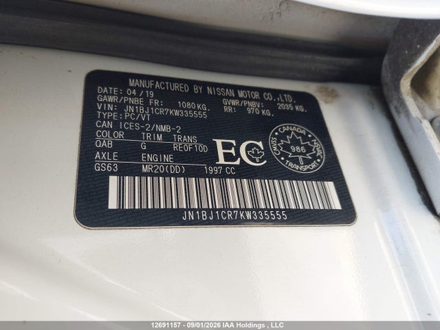 Aukcja sprzedaży 2019 Nissan Qashqai S/sl/sv, vin: JN1BJ1CR7KW335555, numer aukcji: 12691157
