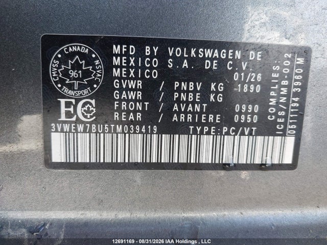 Aukcja sprzedaży 2026 Volkswagen Jetta Comfortline, vin: 3VWEW7BU5TM039419, numer aukcji: 12691169