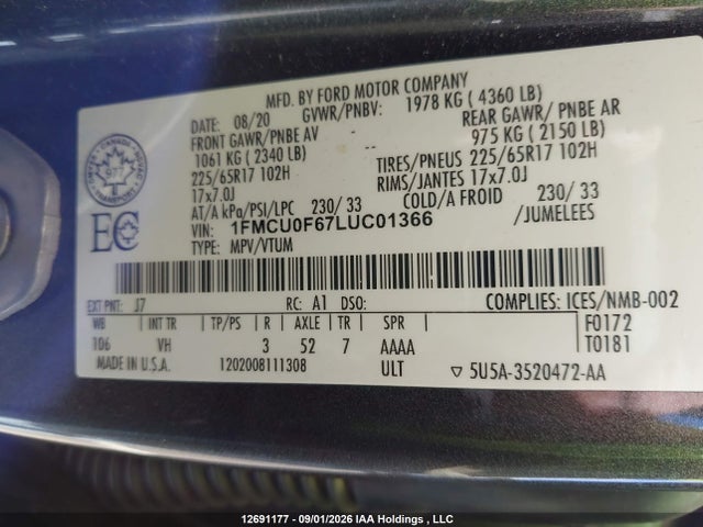 Aukcja sprzedaży 2020 Ford Escape S, vin: 1FMCU0F67LUC01366, numer aukcji: 12691177