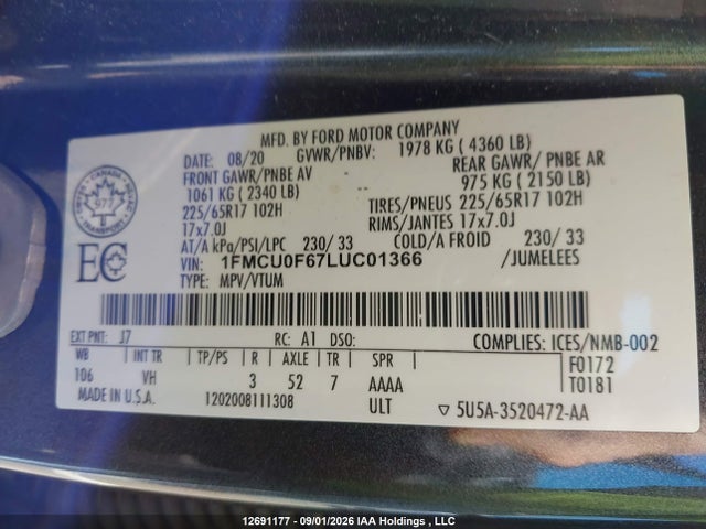 Aukcja sprzedaży 2020 Ford Escape S, vin: 1FMCU0F67LUC01366, numer aukcji: 12691177