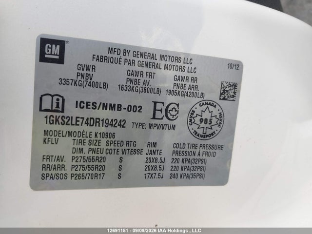 12691181 :رقم المزاد ، 1GKS2LE74DR194242 vin ، 2013 Gmc Yukon Xl 1500 Slt مزاد بيع
