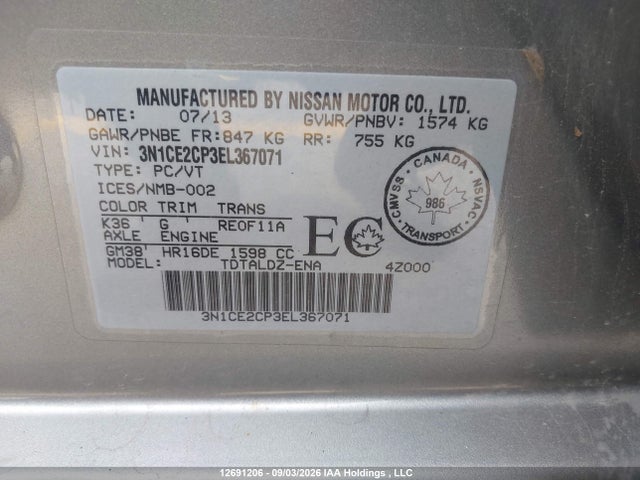 Nissan Versa Note S/s Plus/sv/sl 2014 3N1CE2CP3EL367071 Image 9