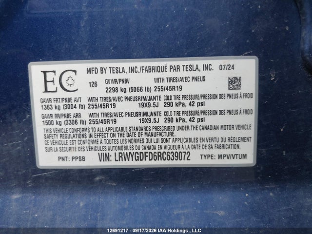 Aukcja sprzedaży 2024 Tesla Model Y Long Range/rwd, vin: LRWYGDFD6RC639072, numer aukcji: 12691217