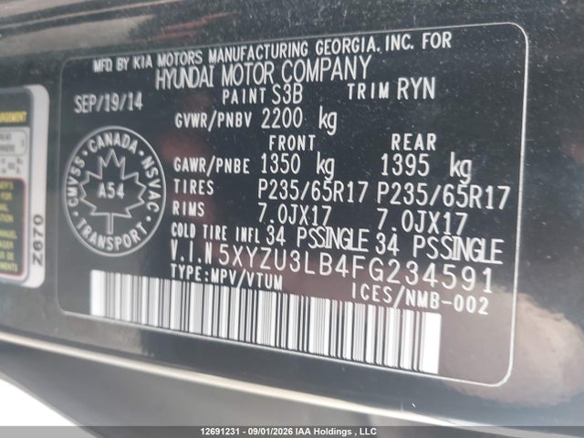 12691231 :رقم المزاد ، 5XYZU3LB4FG234591 vin ، 2015 Hyundai Santa Fe Sport مزاد بيع