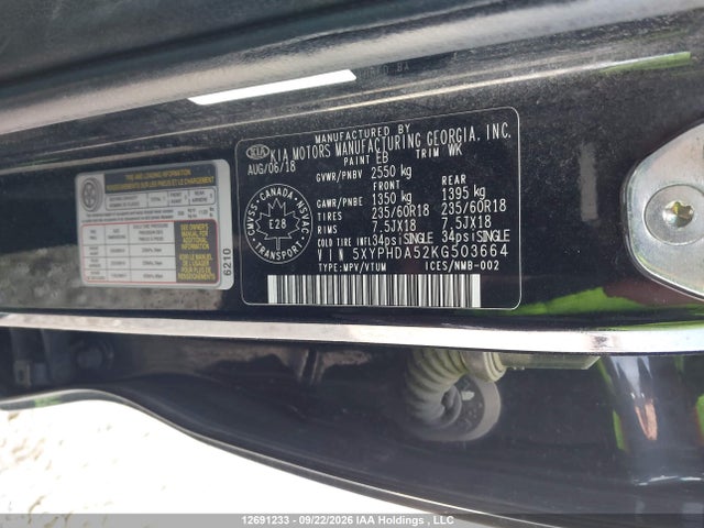 12691233 :رقم المزاد ، 5XYPHDA52KG503664 vin ، 2019 Kia Sorento Ex/ex Sport مزاد بيع