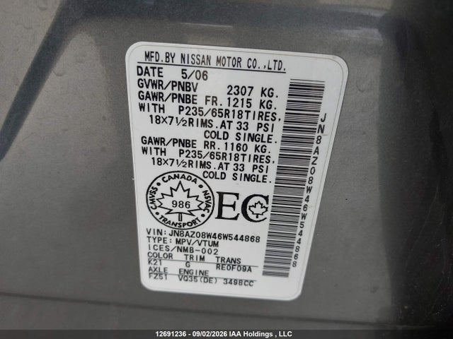 Продажа на аукционе авто 2006 Nissan Murano Sl/se/s, vin: JN8AZ08W46W544868, номер лота: 12691236