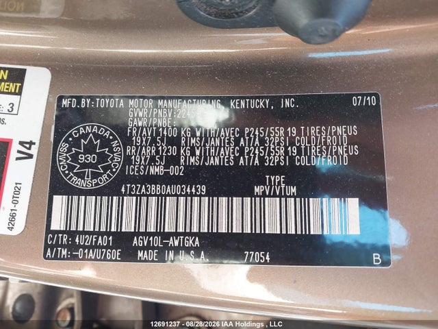 2010 Toyota Venza მანქანა იყიდება აუქციონზე, vin: 4T3ZA3BB0AU034439, აუქციონის ნომერი: 12691237