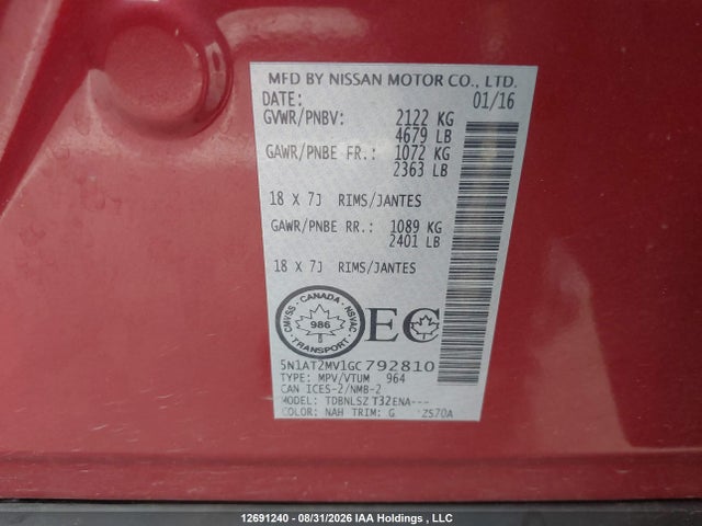 5N1AT2MV1GC792810 Nissan Rogue S/sl Premium/sv